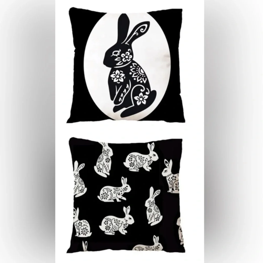 Seasonal Pillow Covers Easter Bunnies Zip Closure 17.7 In Black White Set of 2